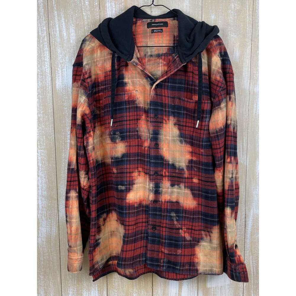 Urban Outfitters Men's Size L Bleached-Out Orange Plaid Flannel Hooded Shacket
